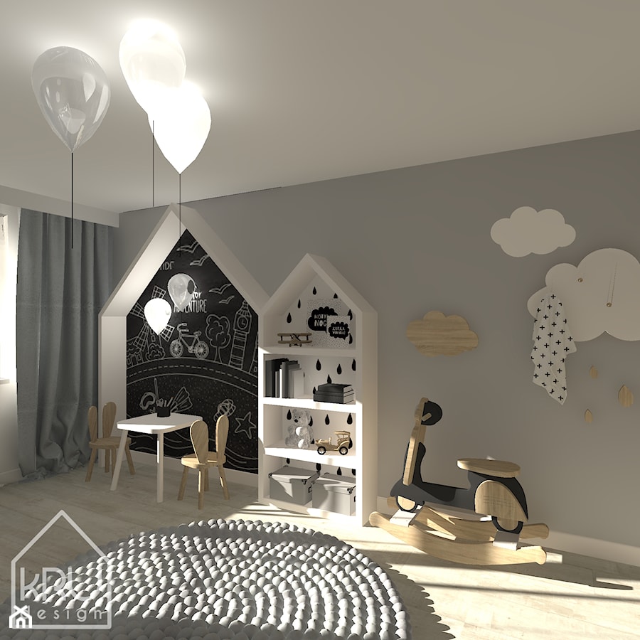 Pokój dziecięcy - Duży szary z panelami tapicerowanymi pokój dziecka dla dziecka dla chłopca dla dziewczynki, styl skandynawski - zdjęcie od KRU design