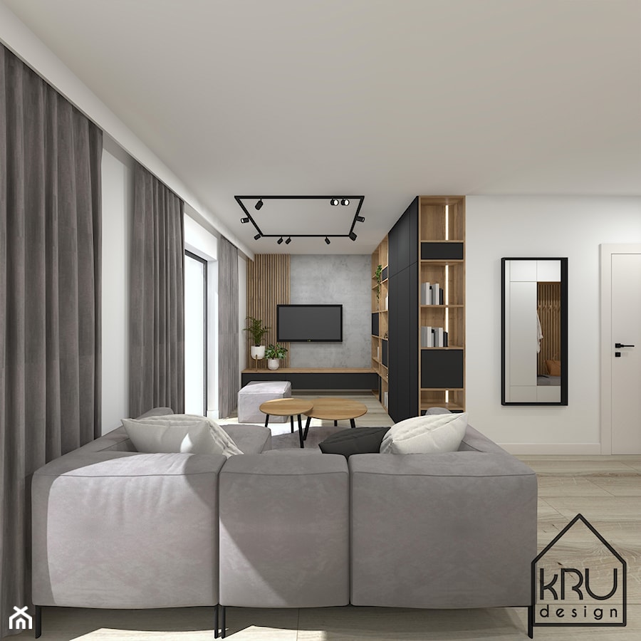 Lamele w salonie - Mały biały brązowy szary salon, styl nowoczesny - zdjęcie od KRU design