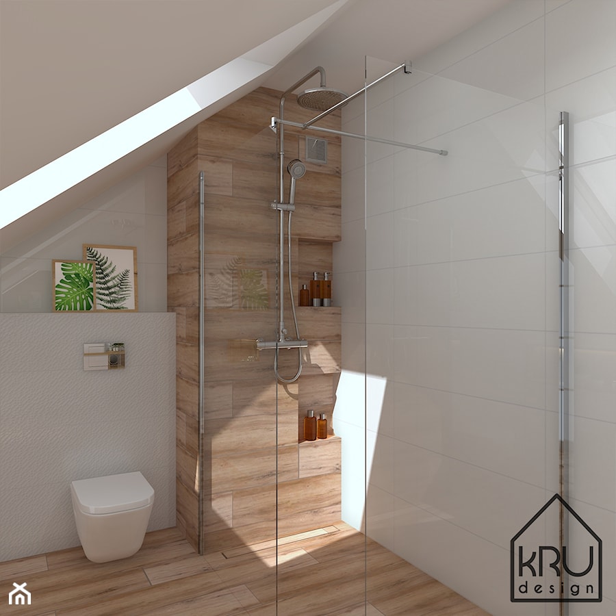 Łazienka w bieli i drewnie - Średnia na poddaszu łazienka z oknem, styl nowoczesny - zdjęcie od KRU design