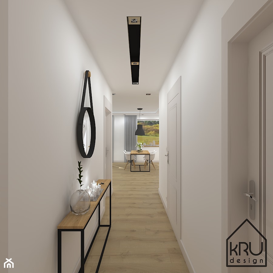 Salon z aneksem w bieli, drewnie i szarości - Hol / przedpokój, styl industrialny - zdjęcie od KRU design