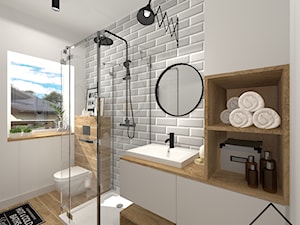 Szara cegiełka w łazience - Średnia z punktowym oświetleniem łazienka z oknem, styl industrialny - zdjęcie od KRU design