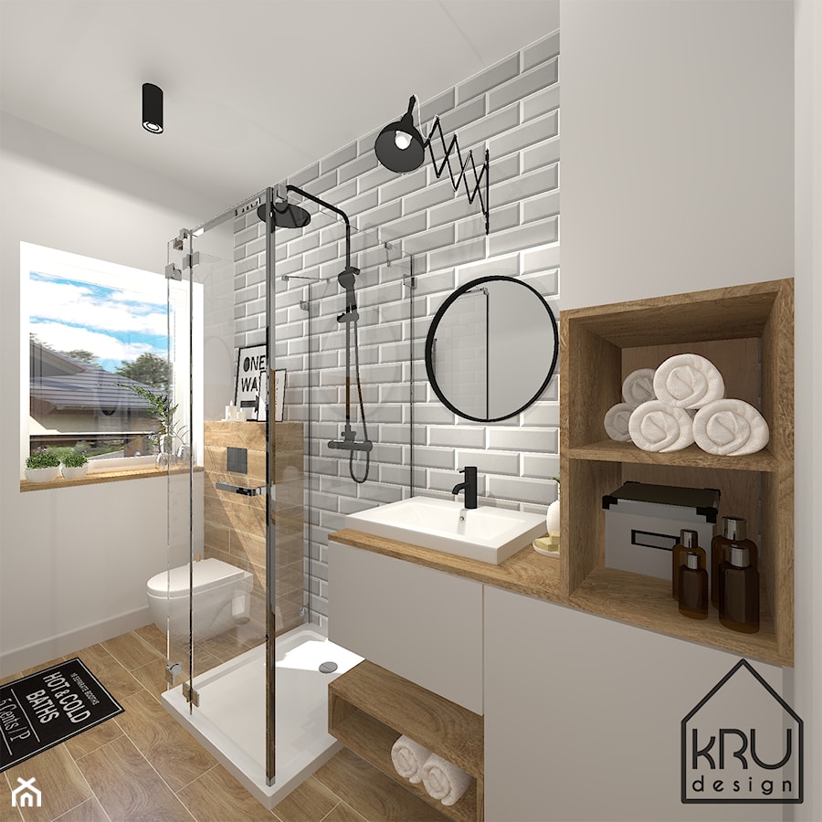 Szara cegiełka w łazience - Średnia z punktowym oświetleniem łazienka z oknem, styl industrialny - zdjęcie od KRU design
