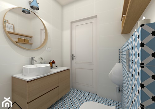 Niebieska łazienka przy sypialni głównej - Średnia bez okna z lustrem łazienka, styl skandynawski - zdjęcie od KRU design
