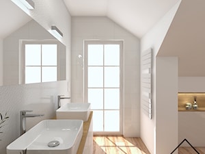 Łazienka w bieli i drewnie - Średnia na poddaszu z lustrem z dwoma umywalkami łazienka z oknem, styl nowoczesny - zdjęcie od KRU design