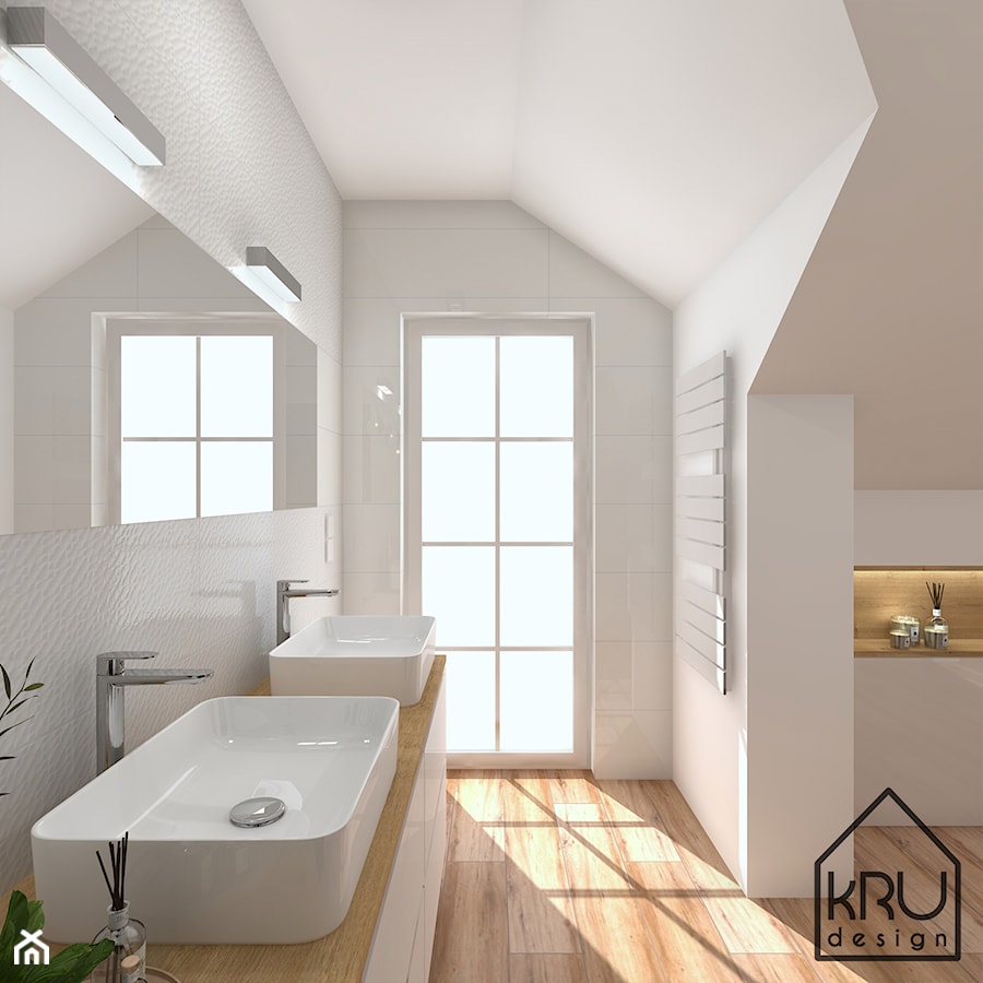 Łazienka w bieli i drewnie - Średnia na poddaszu z lustrem z dwoma umywalkami łazienka z oknem, styl nowoczesny - zdjęcie od KRU design