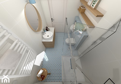 Niebieska łazienka przy sypialni głównej - Mała bez okna łazienka, styl skandynawski - zdjęcie od KRU design