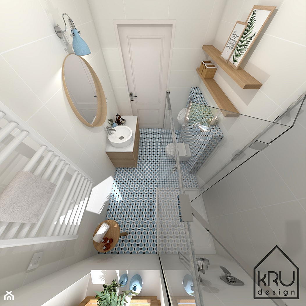 Niebieska łazienka przy sypialni głównej - Mała bez okna łazienka, styl skandynawski - zdjęcie od KRU design - Homebook