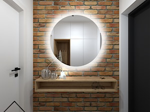 Cegła, drewno i beton - Z wieszakiem biały czerwony hol / przedpokój, styl skandynawski - zdjęcie od KRU design