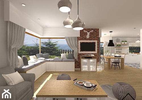 Salon z cegłą na ścianie - Duży biały szary salon z kuchnią z jadalnią, styl skandynawski - zdjęcie od KRU design