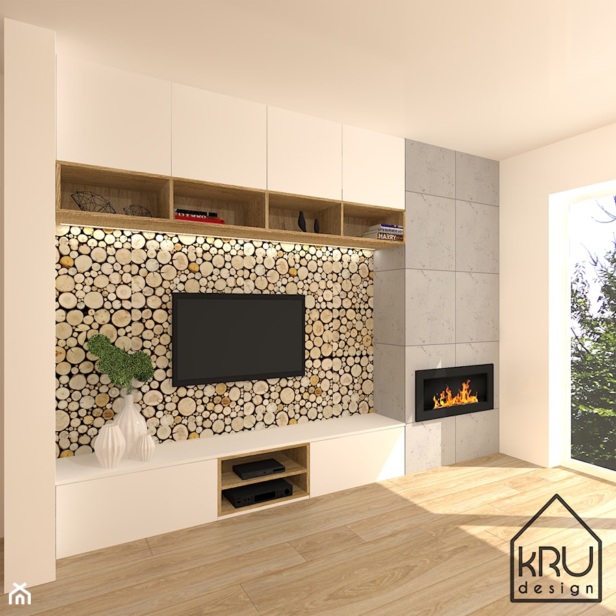 Ścianka TV - Średni biały szary salon, styl skandynawski - zdjęcie od KRU design