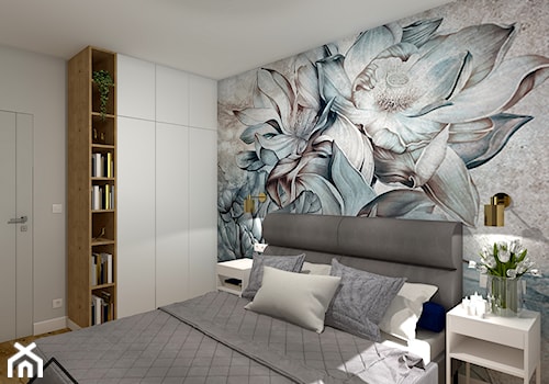 Sypialnia z tapetą w kwiaty - Duża biała szara sypialnia, styl skandynawski - zdjęcie od KRU design