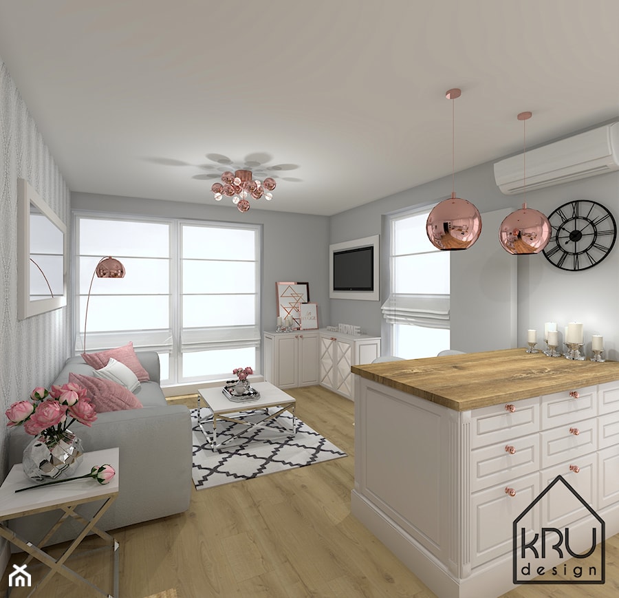 Salon z aneksem kuchennym - Mały szary salon z kuchnią, styl glamour - zdjęcie od KRU design
