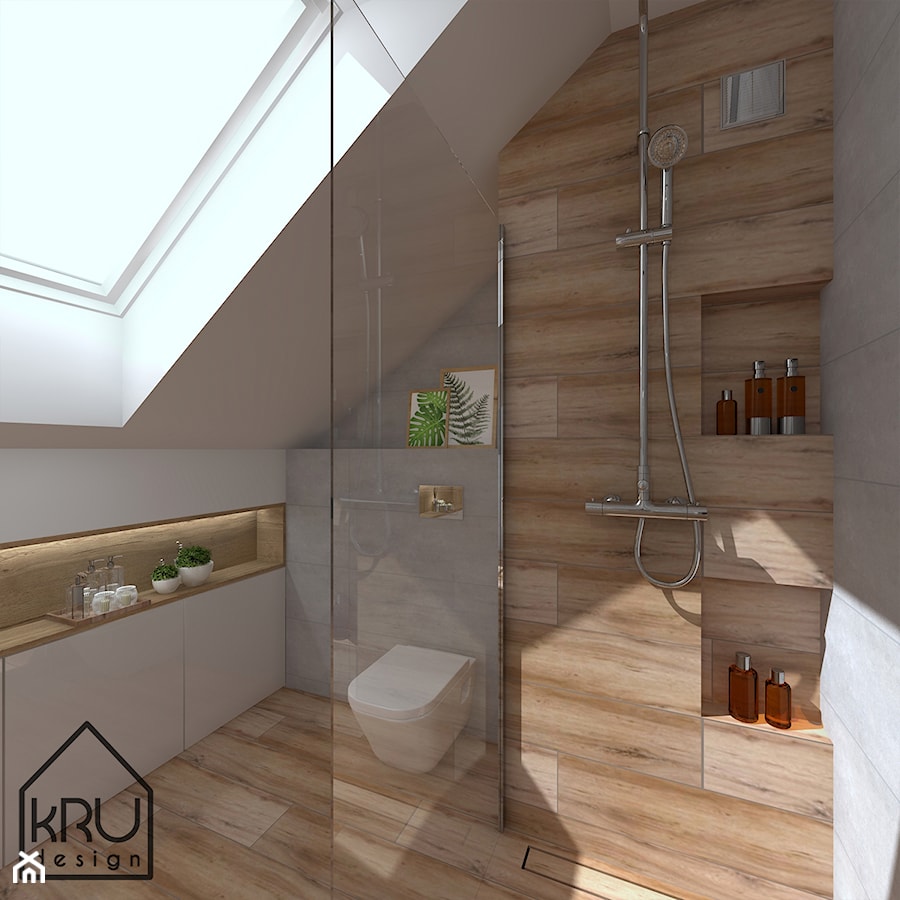 Nowoczesna łazienka w szarości i drewnie - Średnia na poddaszu łazienka z oknem, styl nowoczesny - zdjęcie od KRU design