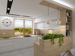 Rośliny w kuchni - Średnia otwarta z salonem biała z zabudowaną lodówką z nablatowym zlewozmywakiem kuchnia w kształcie litery g z oknem, styl nowoczesny - zdjęcie od KRU design