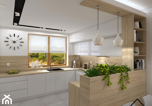 Rośliny w kuchni - Średnia otwarta z salonem biała z zabudowaną lodówką z nablatowym zlewozmywakiem kuchnia w kształcie litery g z oknem, styl nowoczesny - zdjęcie od KRU design