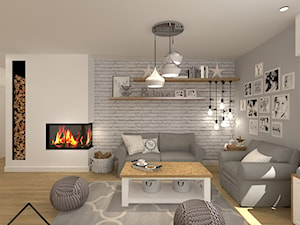 Biała cegła w salonie - Średni szary salon, styl skandynawski - zdjęcie od KRU design