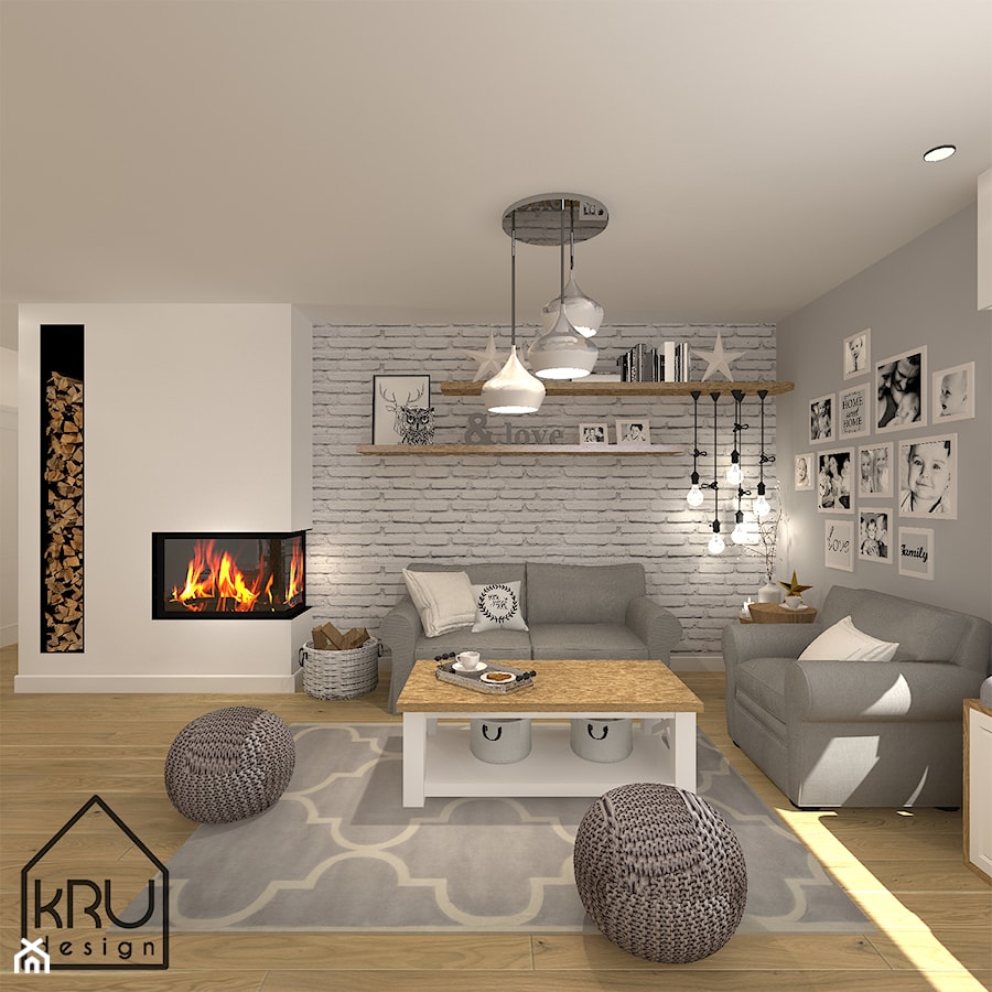 Biała cegła w salonie - Średni szary salon, styl skandynawski - zdjęcie od KRU design