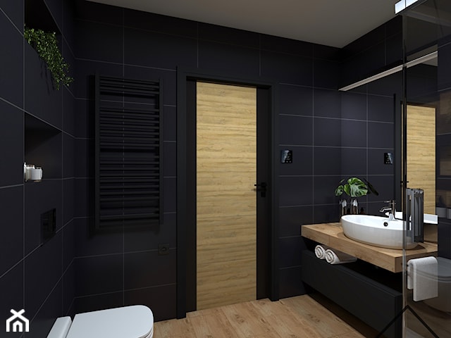 Łazienka w czerni i drewnie