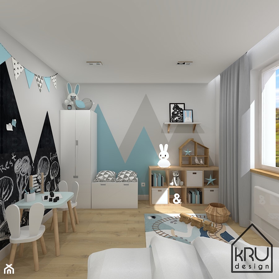 Pastelowy pokój dziecięcy - Średni biały czarny szary niebieski pokój dziecka dla dziecka dla chłopca, styl skandynawski - zdjęcie od KRU design