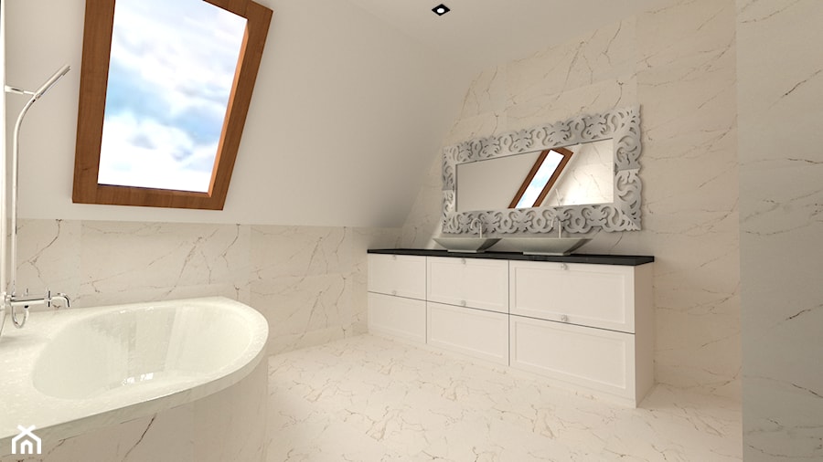 Łazienka - Mała na poddaszu z lustrem z dwoma umywalkami z marmurową podłogą łazienka z oknem, styl glamour - zdjęcie od MILARTO