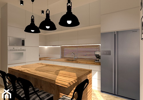 Kuchnia loft - Duża otwarta beżowa z zabudowaną lodówką z lodówką wolnostojącą z podblatowym zlewozmywakiem kuchnia w kształcie litery l z wyspą lub półwyspem z oknem, styl nowoczesny - zdjęcie od MILARTO
