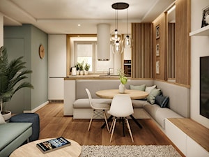 Projekt mieszkania w Krakowie - Mała biała brązowa szara jadalnia w salonie, styl skandynawski - zdjęcie od Taki Projekt