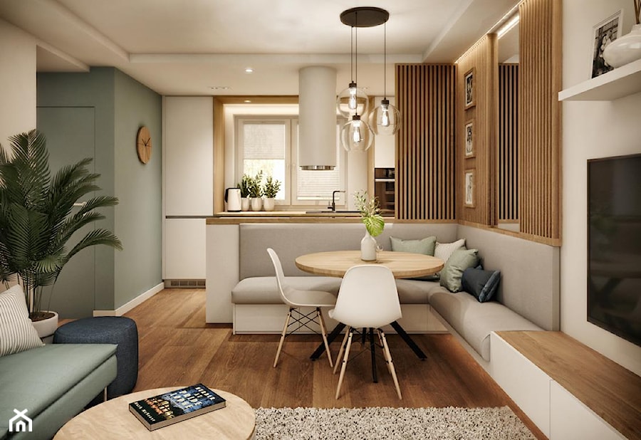 Projekt mieszkania w Krakowie - Mała biała brązowa szara jadalnia w salonie, styl skandynawski - zdjęcie od Taki Projekt