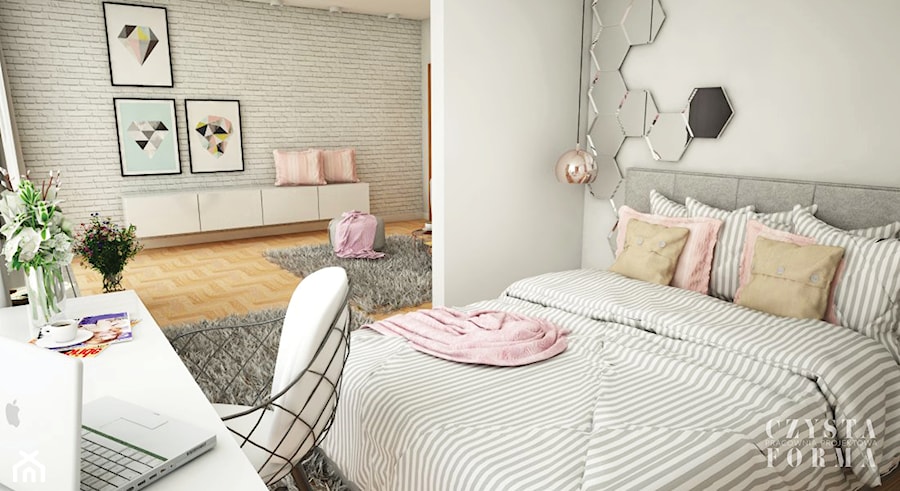 Pokój nastolatki w dwóch odsłonach - Średnia biała z biurkiem sypialnia, styl skandynawski - zdjęcie od CZYSTA FORMA