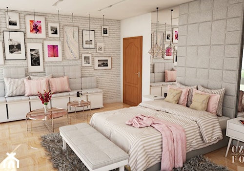Pokój nastolatki w dwóch odsłonach - Duża biała szara z panelami tapicerowanymi sypialnia, styl skandynawski - zdjęcie od CZYSTA FORMA