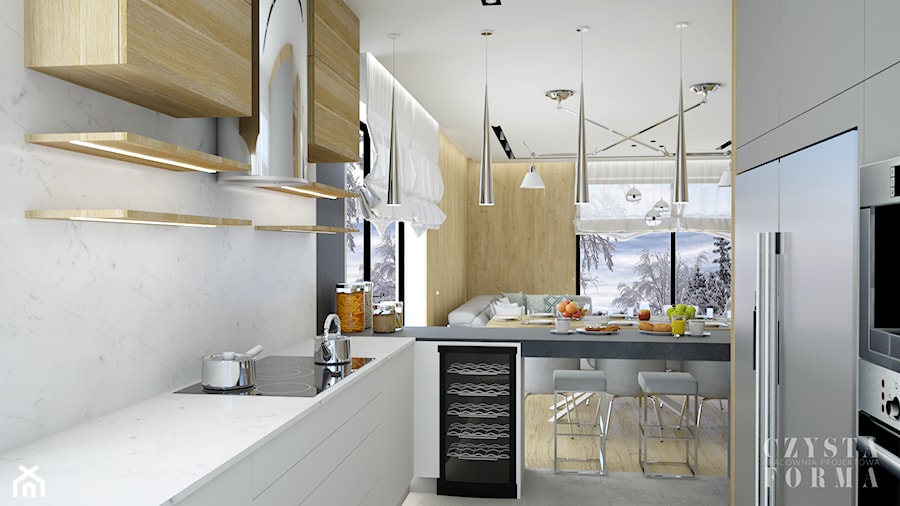 Dom w Tereszynie - Średnia otwarta z salonem biała szara z zabudowaną lodówką kuchnia w kształcie litery u w kształcie litery g z oknem, styl glamour - zdjęcie od CZYSTA FORMA