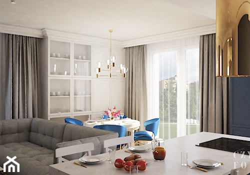 Nowojorski apartament w Lublinie - Średnia biała niebieska jadalnia w salonie w kuchni, styl glamour - zdjęcie od CZYSTA FORMA