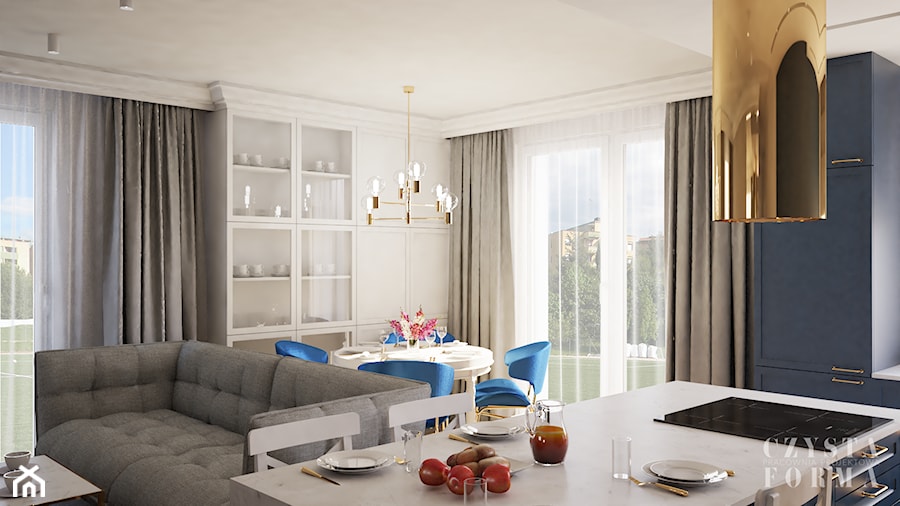 Nowojorski apartament w Lublinie - Średnia biała niebieska jadalnia w salonie w kuchni, styl glamou ... - zdjęcie od CZYSTA FORMA