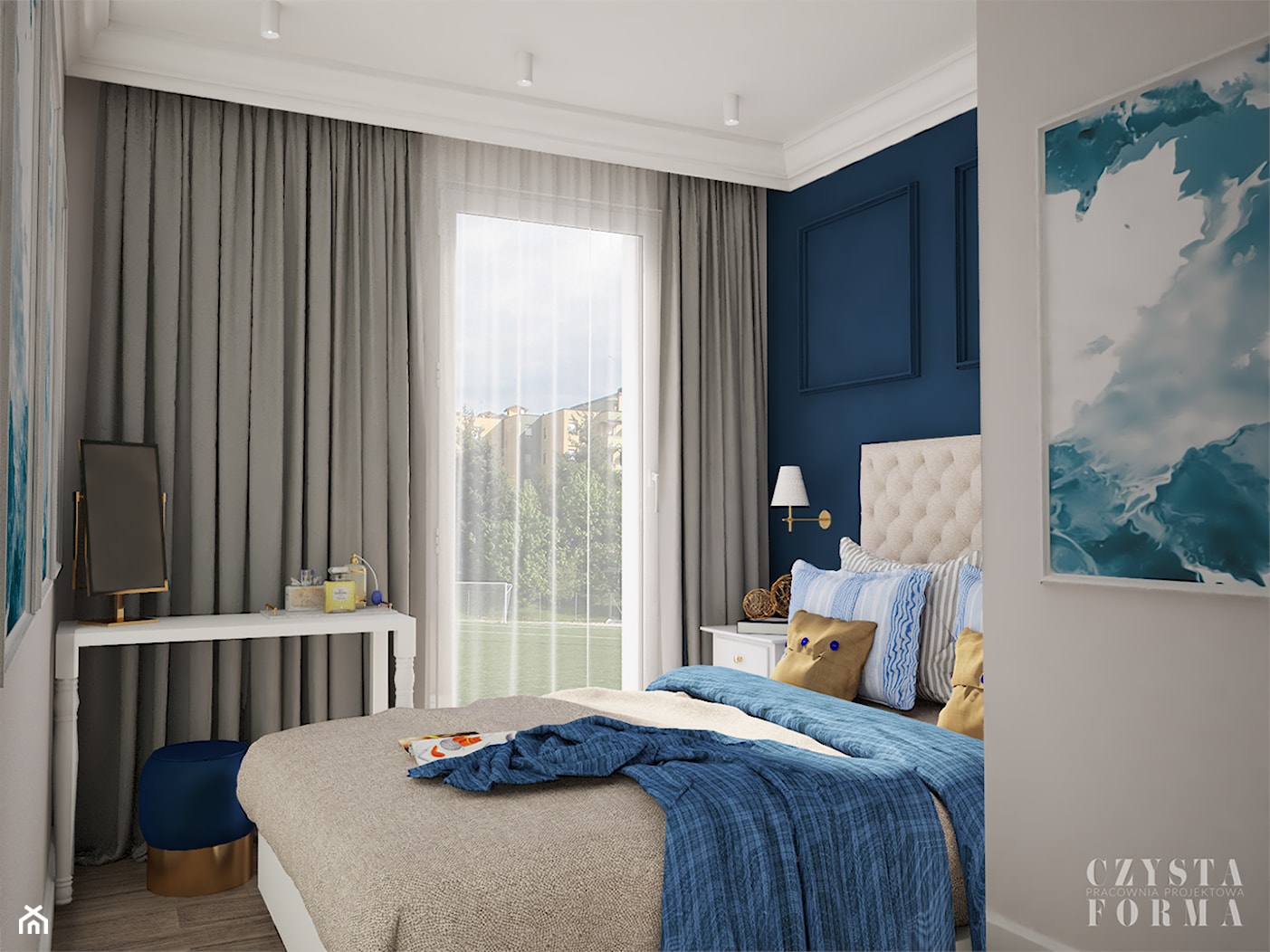 Nowojorski apartament w Lublinie - Średnia biała niebieska sypialnia z balkonem / tarasem, styl glamour - zdjęcie od CZYSTA FORMA - Homebook