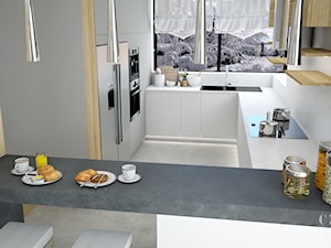 Dom w Tereszynie - Średnia otwarta z kamiennym blatem biała czarna z zabudowaną lodówką z nablatowym zlewozmywakiem kuchnia w kształcie litery g z oknem z marmurem nad blatem kuchennym, styl glamour - zdjęcie od CZYSTA FORMA