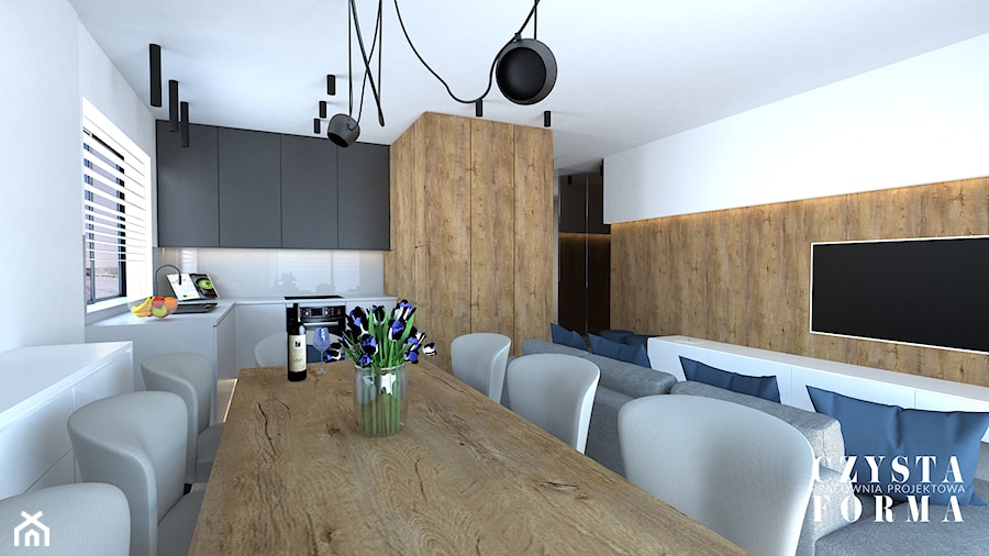 Apartament na Nowym Mokotowie - Średnia biała jadalnia w salonie w kuchni, styl nowoczesny - zdjęcie od CZYSTA FORMA