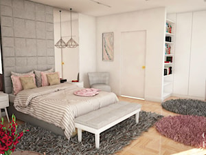 Pokój nastolatki w dwóch odsłonach - Duża beżowa biała szara z biurkiem z panelami tapicerowanymi sypialnia, styl skandynawski - zdjęcie od CZYSTA FORMA