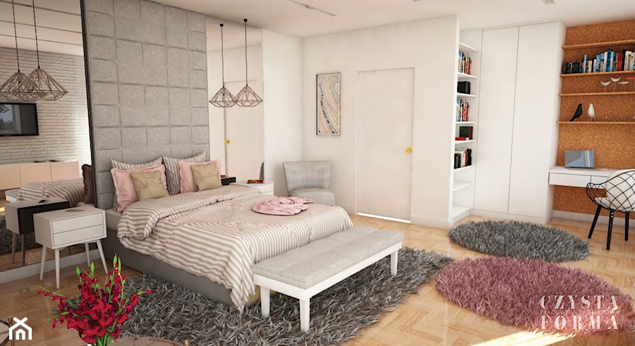Pokój nastolatki w dwóch odsłonach - Duża beżowa biała szara z biurkiem z panelami tapicerowanymi sypialnia, styl skandynawski - zdjęcie od CZYSTA FORMA