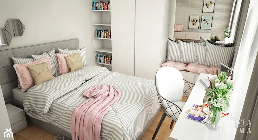 Pokój nastolatki w dwóch odsłonach - Średnia szara sypialnia, styl skandynawski - zdjęcie od CZYSTA FORMA