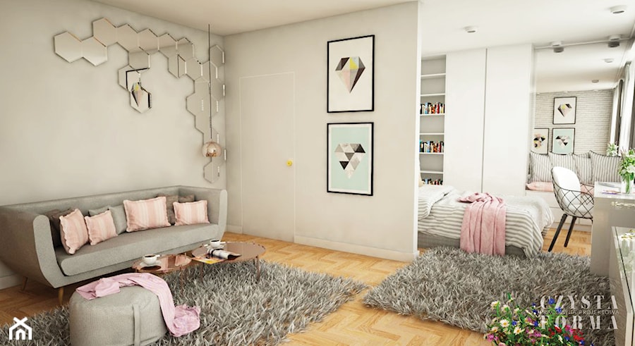 Pokój nastolatki w dwóch odsłonach - Średnia beżowa biała z biurkiem sypialnia, styl skandynawski - zdjęcie od CZYSTA FORMA