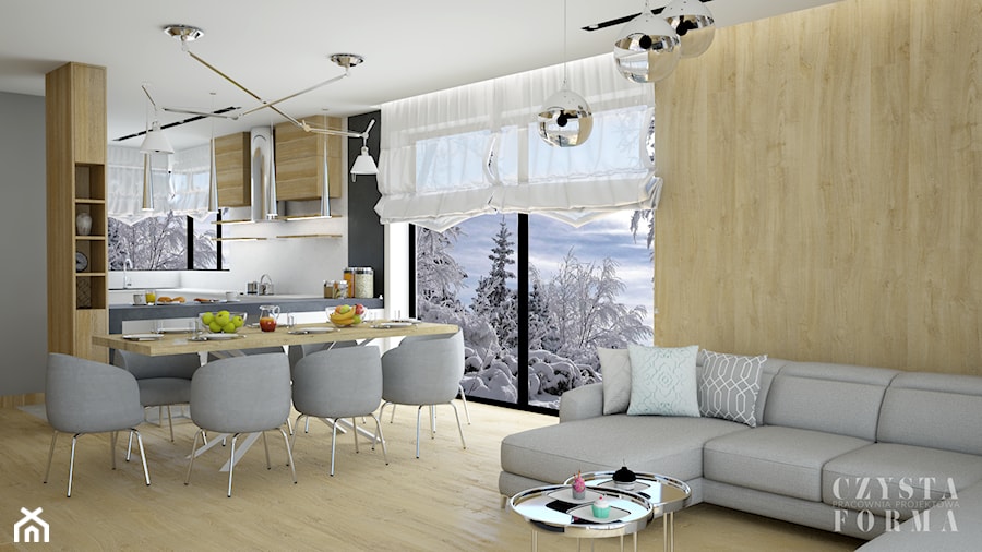 Dom w Tereszynie - Średnia szara jadalnia w salonie w kuchni, styl glamour - zdjęcie od CZYSTA FORMA