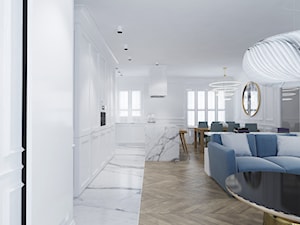 Apartament Klasyczny - Duży biały salon z kuchnią z jadalnią, styl glamour - zdjęcie od Black Deer Workshop Magdalena Śliwka