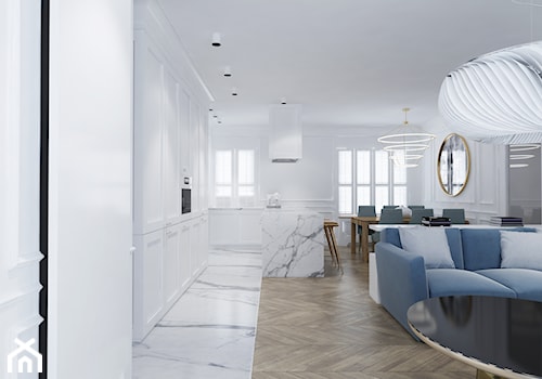 Apartament Klasyczny - Duży biały salon z kuchnią z jadalnią, styl glamour - zdjęcie od Black Deer Workshop Magdalena Śliwka