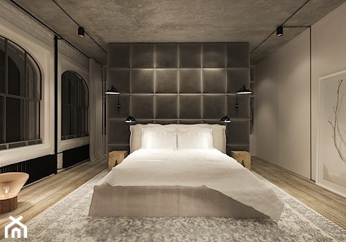 Loft - Duża szara sypialnia, styl industrialny - zdjęcie od Black Deer Workshop Magdalena Śliwka