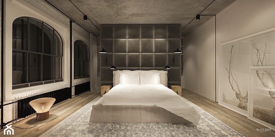 Loft - Duża szara sypialnia, styl industrialny - zdjęcie od Black Deer Workshop Magdalena Śliwka