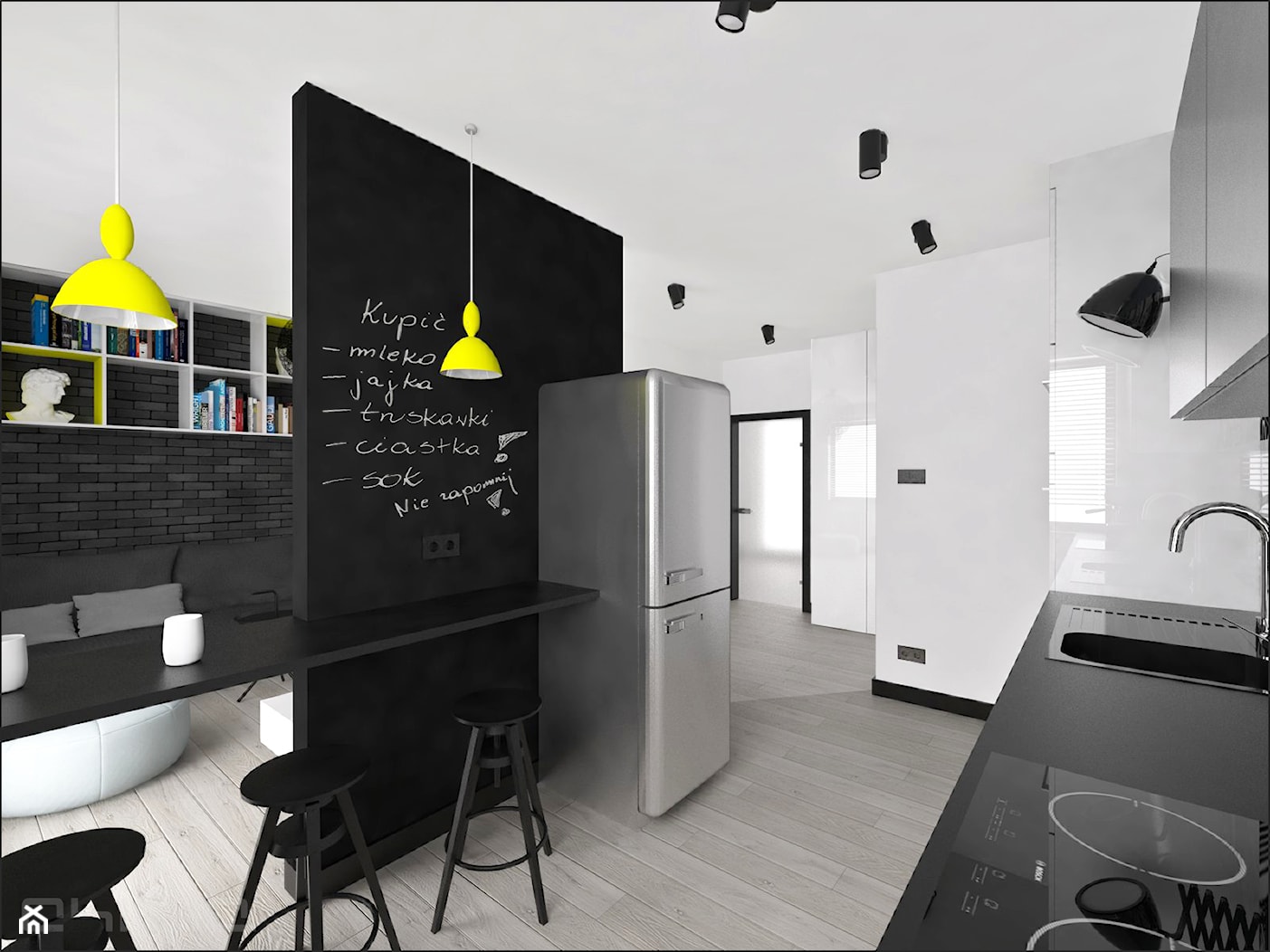 Brzeska - Średnia otwarta biała czarna z zabudowaną lodówką z lodówką wolnostojącą kuchnia jednorzędowa, styl nowoczesny - zdjęcie od Ohlala Wnętrza - Homebook