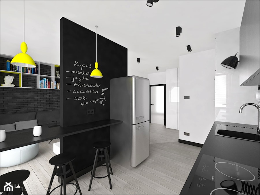 Brzeska - Średnia otwarta biała czarna z zabudowaną lodówką z lodówką wolnostojącą kuchnia jednorzędowa, styl nowoczesny - zdjęcie od Ohlala Wnętrza