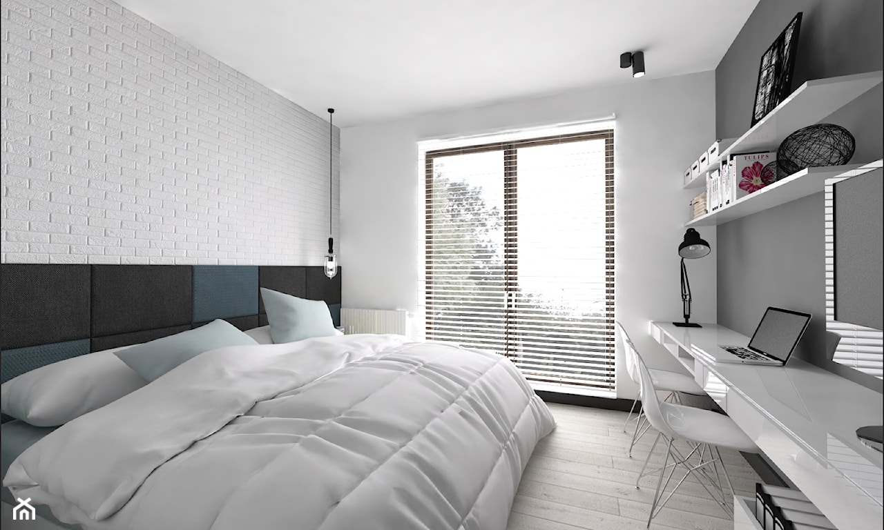 sypialnia w stylu minimalistycznym, ściana z białej cegły, szara ściana, białe biurko z połyskiem, biała żaluzja wewnętrzna