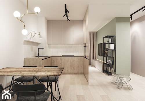 Nowe Ptasie - Mała otwarta z salonem beżowa biała z zabudowaną lodówką kuchnia w kształcie litery u - zdjęcie od Magic Interior Design