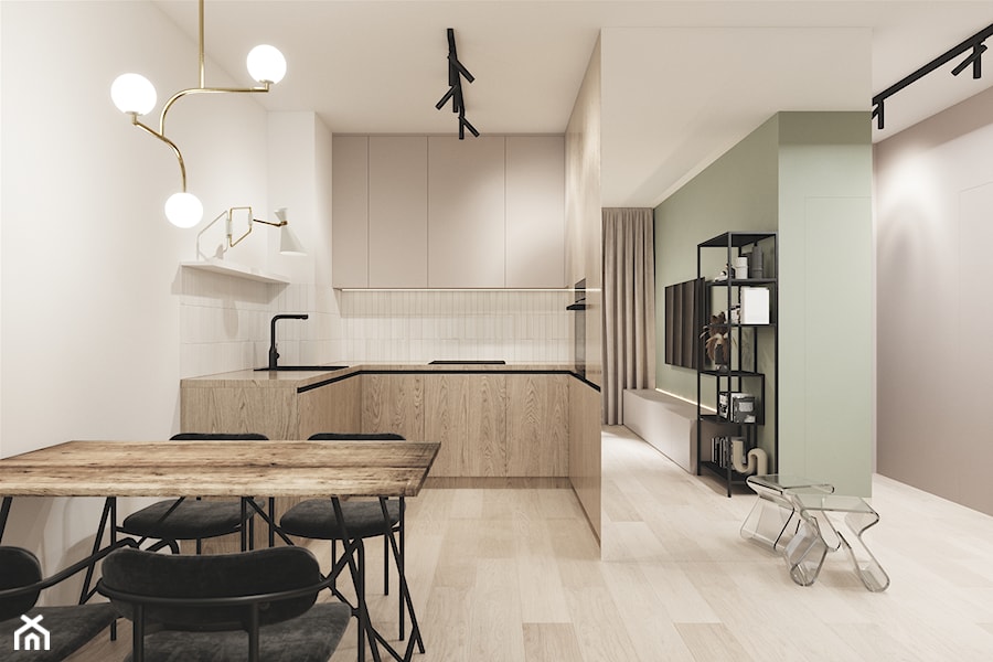 Nowe Ptasie - Mała otwarta z salonem beżowa biała z zabudowaną lodówką kuchnia w kształcie litery u - zdjęcie od Magic Interior Design