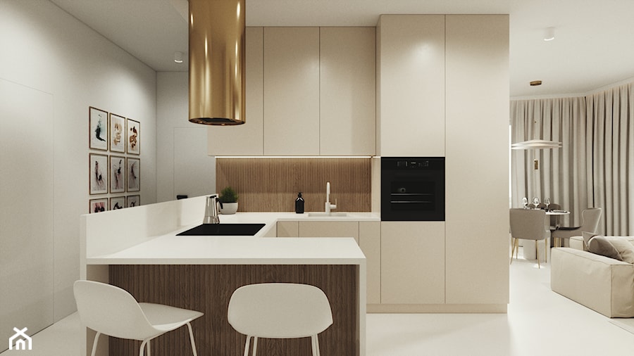 Ligota Katowice - Średnia otwarta biała z zabudowaną lodówką kuchnia w kształcie litery u - zdjęcie od Magic Interior Design